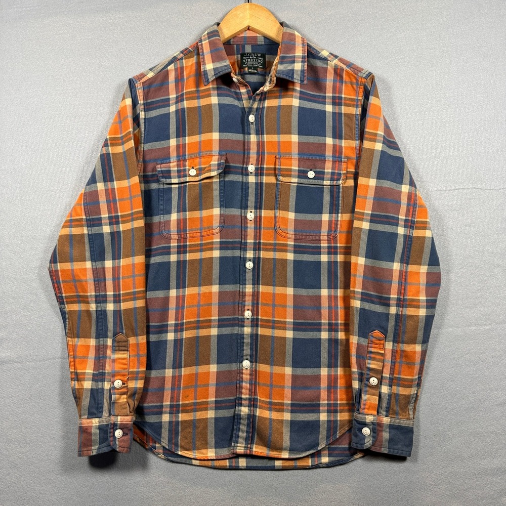 J.Crew Mens S Blue Orange Plaid Flannel Button Down Lumberjack Cabin Core Shirt